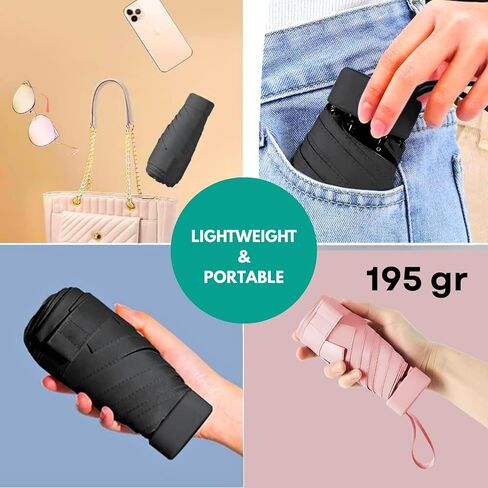 Mini Travel Umbrella – Strong, Windproof, Compact & Lightweight – Waterproof UPF 50+ Sun and Rain Protection – Portable Pocket Umbrella for Purse, Backpack or Car – Black in Saudi Arabia
