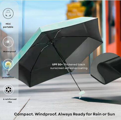Mini Travel Umbrella – Strong, Windproof, Compact & Lightweight – Waterproof UPF 50+ Sun and Rain Protection – Portable Pocket Umbrella for Purse, Backpack or Car – Black in Saudi Arabia