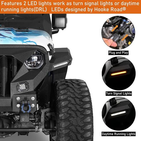 Hooke Road Wide Flat JL Fender Flares for 2018-2025 Jeep Wrangler JL JLU 2/4 Doors, Rugged Style Front & Rear Steel Fenders with LED Turn Signal Lights in Saudi Arabia