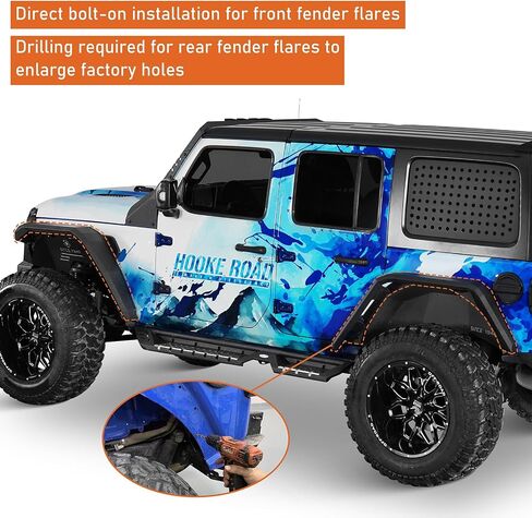 Hooke Road Wide Flat JL Fender Flares for 2018-2025 Jeep Wrangler JL JLU 2/4 Doors, Rugged Style Front & Rear Steel Fenders with LED Turn Signal Lights in Saudi Arabia