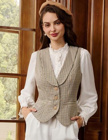 Belle Poque Vintage Lapel Collar Suit Vest Tops for Women V Neck Sleeveless Work Dressy Waistcoat Blazer with Pockets in Saudi Arabia