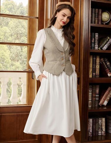 Belle Poque Vintage Lapel Collar Suit Vest Tops for Women V Neck Sleeveless Work Dressy Waistcoat Blazer with Pockets in Saudi Arabia