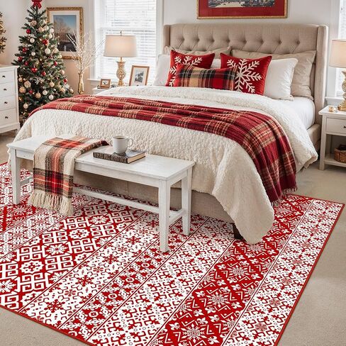 Christmas Area Rug 2x3 Red Snowflake Plaid Decorative Doormat Entryway Kitchen Washable Non Slip Soft Low Pile Small Carpet for Living Room Bedroom Entrance Dining Room Bathroom in Kuwait
