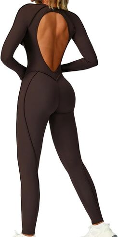 AEEZO Womens Sexy Blackless Long Sleeve Padded Workout Jumpsuit Contour Stitch Yoga Rompers One Piece Tummy Control Bodysuit in Saudi Arabia