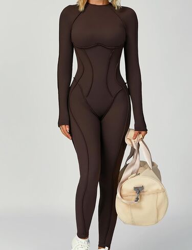 AEEZO Womens Sexy Blackless Long Sleeve Padded Workout Jumpsuit Contour Stitch Yoga Rompers One Piece Tummy Control Bodysuit in Saudi Arabia