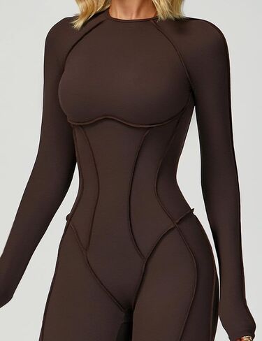 AEEZO Womens Sexy Blackless Long Sleeve Padded Workout Jumpsuit Contour Stitch Yoga Rompers One Piece Tummy Control Bodysuit in Saudi Arabia