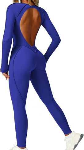 AEEZO Womens Sexy Blackless Long Sleeve Padded Workout Jumpsuit Contour Stitch Yoga Rompers One Piece Tummy Control Bodysuit in Kuwait