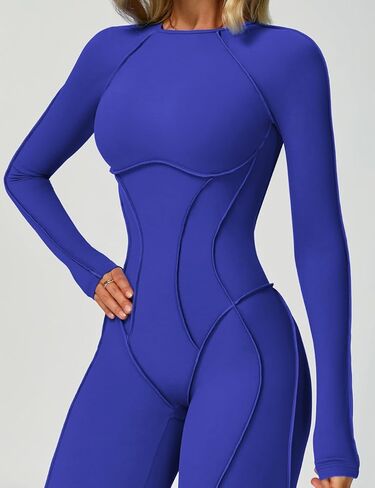 AEEZO Womens Sexy Blackless Long Sleeve Padded Workout Jumpsuit Contour Stitch Yoga Rompers One Piece Tummy Control Bodysuit in Kuwait