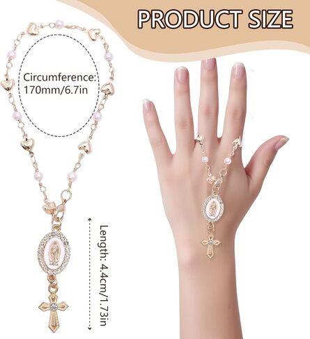Steering Wheel Rosary Charm, Steering Wheel Accessory with Virgin Mary Charm & Cross, Pearl Heart Chain Catholic Car Interior Hanging Decor (White) in Saudi Arabia