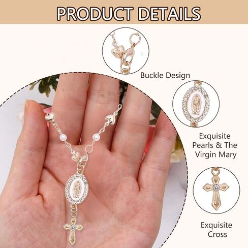 Steering Wheel Rosary Charm, Steering Wheel Accessory with Virgin Mary Charm & Cross, Pearl Heart Chain Catholic Car Interior Hanging Decor (White) in Saudi Arabia