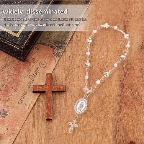 Steering Wheel Rosary Charm, Steering Wheel Accessory with Virgin Mary Charm & Cross, Pearl Heart Chain Catholic Car Interior Hanging Decor (White) in Saudi Arabia
