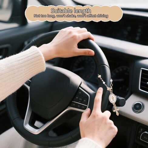Steering Wheel Rosary Charm, Steering Wheel Accessory with Virgin Mary Charm & Cross, Pearl Heart Chain Catholic Car Interior Hanging Decor (White) in Saudi Arabia