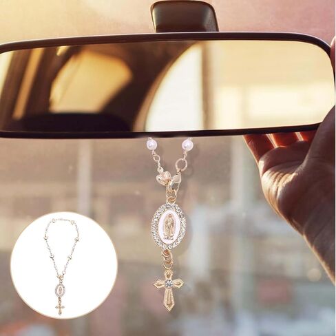 Steering Wheel Rosary Charm, Steering Wheel Accessory with Virgin Mary Charm & Cross, Pearl Heart Chain Catholic Car Interior Hanging Decor (White) in Saudi Arabia