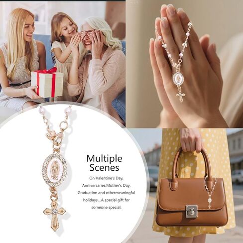 Steering Wheel Rosary Charm, Steering Wheel Accessory with Virgin Mary Charm & Cross, Pearl Heart Chain Catholic Car Interior Hanging Decor (White) in Saudi Arabia