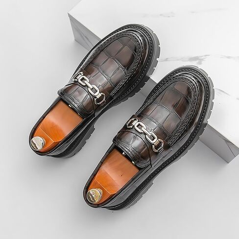 Men's Checkered Pattern Chain Platform Loafers Comfortable Non-Slip Lug Sole Business Formal Leather Shoes Patent Leather Wide Toe Work Casual Dress Shoes in Kuwait