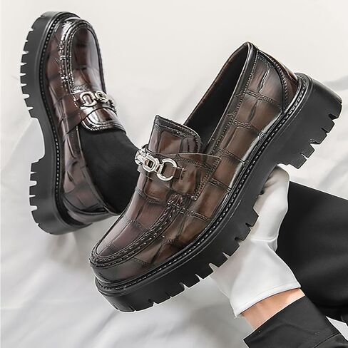 Men's Checkered Pattern Chain Platform Loafers Comfortable Non-Slip Lug Sole Business Formal Leather Shoes Patent Leather Wide Toe Work Casual Dress Shoes in Kuwait