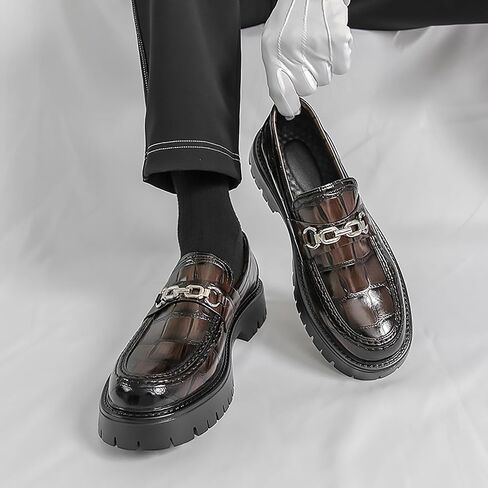 Men's Checkered Pattern Chain Platform Loafers Comfortable Non-Slip Lug Sole Business Formal Leather Shoes Patent Leather Wide Toe Work Casual Dress Shoes in Kuwait
