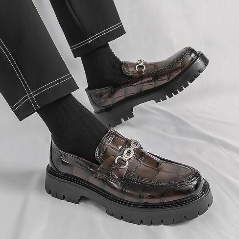 Men's Checkered Pattern Chain Platform Loafers Comfortable Non-Slip Lug Sole Business Formal Leather Shoes Patent Leather Wide Toe Work Casual Dress Shoes in Kuwait