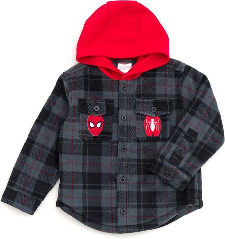 Marvel Spider-Man Plaid Flannel Hooded Shacket with Fleece Lining Toddler to Big Kid Sizes (3T - 14-16) in Saudi Arabia