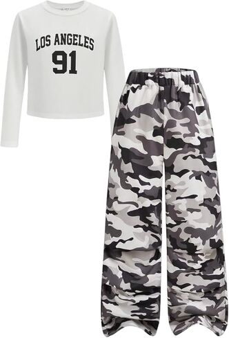 Girls Clothes Tween Girl Outfits Long Sleeve Ruched Top Botanical Print Relaxed Pocket Pants Set in Saudi Arabia