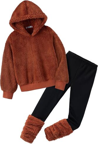 Arshiner Girls 2 Piece Outfits Fuzzy Long Sleeve Hoodie Sweatshirts and Patchwork Legging Pants Casual Clothing Sets in Saudi Arabia