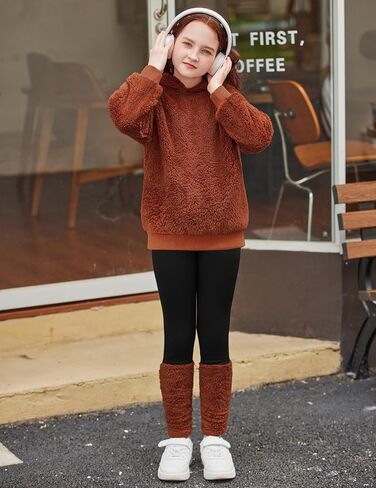 Arshiner Girls 2 Piece Outfits Fuzzy Long Sleeve Hoodie Sweatshirts and Patchwork Legging Pants Casual Clothing Sets in Saudi Arabia