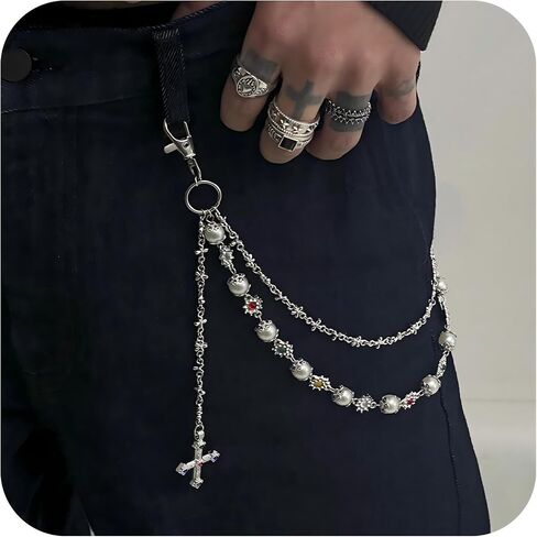 Wallet Pant Pearl Chains - Layered Jean Pocket Chain Keychain for Women Men - Cute Bag Purse Cross Charm in Kuwait