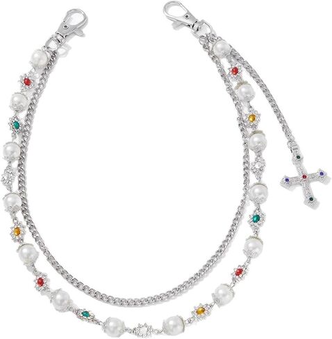 Wallet Pant Pearl Chains - Layered Jean Pocket Chain Keychain for Women Men - Cute Bag Purse Cross Charm in Kuwait