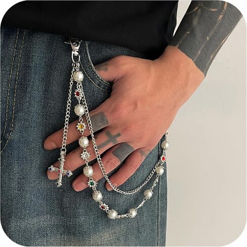 Wallet Pant Pearl Chains - Layered Jean Pocket Chain Keychain for Women Men - Cute Bag Purse Cross Charm in Kuwait