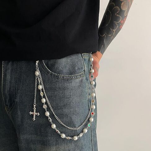 Wallet Pant Pearl Chains - Layered Jean Pocket Chain Keychain for Women Men - Cute Bag Purse Cross Charm in Kuwait