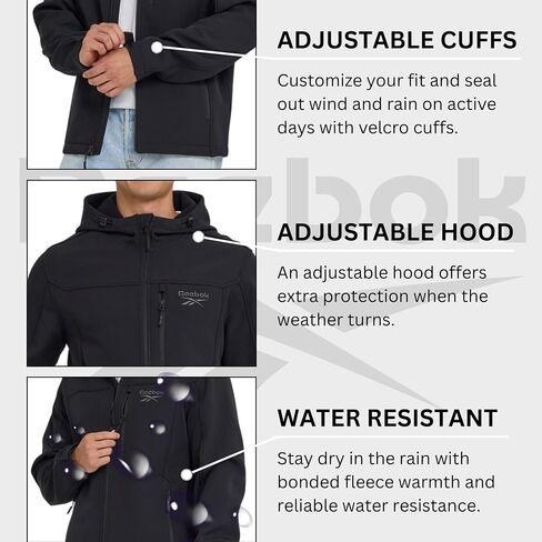 Reebok Waterproof Soft Shell Jacket Mens - Micro Fleece Bonded Softshell Windbreaker with Hood, Lightweight Rain Coat in Saudi Arabia