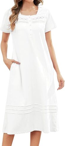 100% Cotton Nightgowns for Women Soft Button Pleated House Dress Long Moomoo Nightgown with Pockets in Kuwait