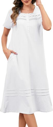 100% Cotton Nightgowns for Women Soft Button Pleated House Dress Long Moomoo Nightgown with Pockets in Kuwait