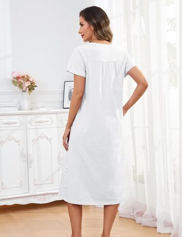 100% Cotton Nightgowns for Women Soft Button Pleated House Dress Long Moomoo Nightgown with Pockets in Kuwait