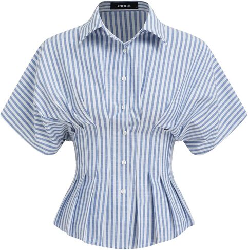 CIDER Women Collared Stripe Pleated Cinched Waist Cotton Blend Oversized Short Sleeve Shirts in Saudi Arabia