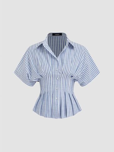 CIDER Women Collared Stripe Pleated Cinched Waist Cotton Blend Oversized Short Sleeve Shirts in Saudi Arabia