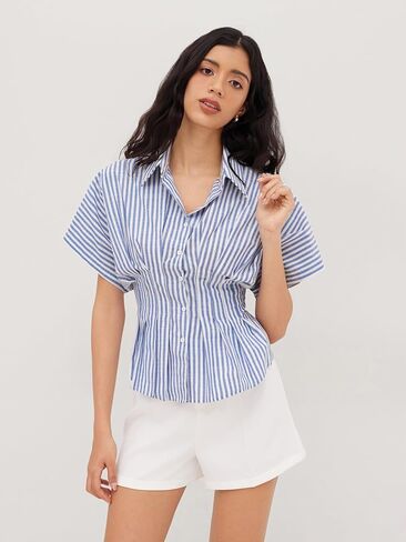CIDER Women Collared Stripe Pleated Cinched Waist Cotton Blend Oversized Short Sleeve Shirts in Saudi Arabia