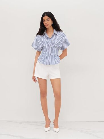 CIDER Women Collared Stripe Pleated Cinched Waist Cotton Blend Oversized Short Sleeve Shirts in Saudi Arabia