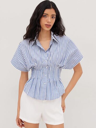 CIDER Women Collared Stripe Pleated Cinched Waist Cotton Blend Oversized Short Sleeve Shirts in Saudi Arabia