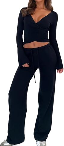 2 Piece Lounge Set Pilates Wrap Top+ Flare Pants Yoga Wrap Tops Ballet Workout Outfits Girl Clothes in Saudi Arabia