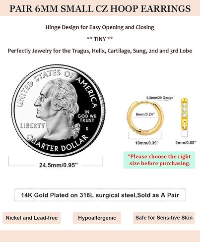 أقراط ذهبية صغيرة للنساء الرجال ، 14K الذهب مطلي في 316L من الفولاذ الجراحي المفصل Hinge Hinge Huggie أقراط تناسب الغضاريف الحلزونية Tragus Sung Earlobe خفيفة الوزن عن قصور الأبعاد (1 زوج-6 مم) in Kuwait