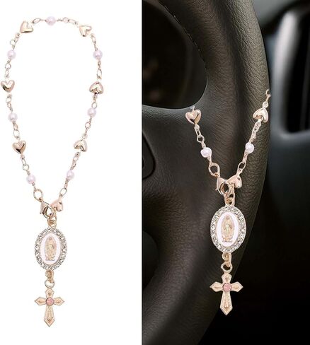 Steering Wheel Rosary Charm, Steering Wheel Accessory with Virgin Mary Charm & Cross, Pearl Heart Chain Catholic Car Interior Hanging Decor (White) in Saudi Arabia