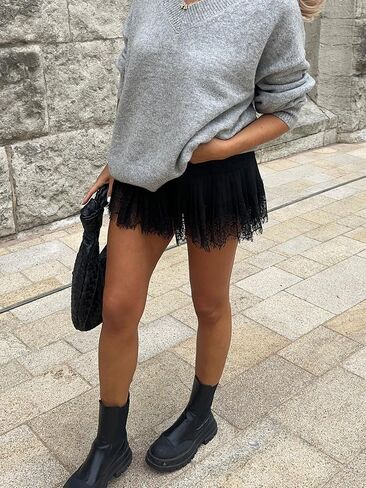 Sunloudy Women Lace Half Slip Skirt Elastic Low Waist Ruffle Pleated Underskirt Layered Flowy Mini Short Streetwear in Kuwait