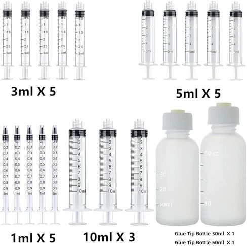 30 عبوة 1 مل، 3 مل، 5 مل، 10 مل، 20 مل موزع مع 14 جيجا، 16 جيجا، 18 جيجا، 20 جيجا، 22 جيجا، 25 جيجا رأس توزيع وأغطية لقياس السوائل وإعادة التعبئة، أداة وضع الغراء أو الزيت in Kuwait
