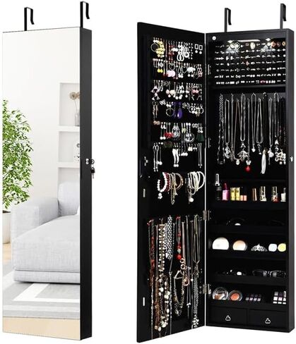 Moccha Wall Door Jewelry Armoire, Full Screen Jewelry Cabinet for Bedroom, Lockable Jewelry Cabinet, Jewelry Organizer Storage with 2 LED Lights and 2 Drawers, Black in Saudi Arabia