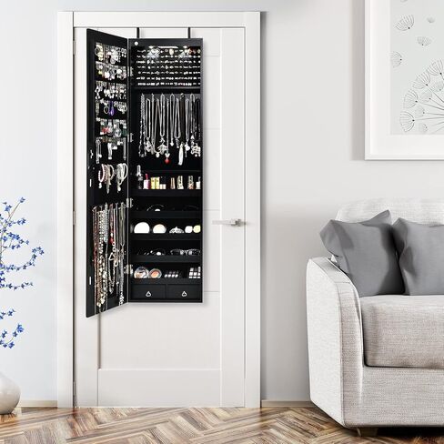 Moccha Wall Door Jewelry Armoire, Full Screen Jewelry Cabinet for Bedroom, Lockable Jewelry Cabinet, Jewelry Organizer Storage with 2 LED Lights and 2 Drawers, Black in Saudi Arabia