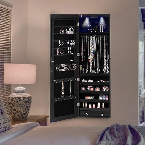 Moccha Wall Door Jewelry Armoire, Full Screen Jewelry Cabinet for Bedroom, Lockable Jewelry Cabinet, Jewelry Organizer Storage with 2 LED Lights and 2 Drawers, Black in Saudi Arabia
