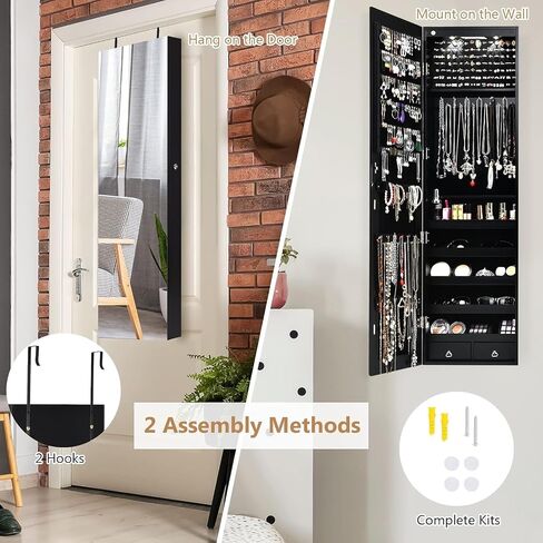 Moccha Wall Door Jewelry Armoire, Full Screen Jewelry Cabinet for Bedroom, Lockable Jewelry Cabinet, Jewelry Organizer Storage with 2 LED Lights and 2 Drawers, Black in Saudi Arabia
