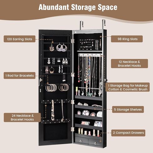 Moccha Wall Door Jewelry Armoire, Full Screen Jewelry Cabinet for Bedroom, Lockable Jewelry Cabinet, Jewelry Organizer Storage with 2 LED Lights and 2 Drawers, Black in Saudi Arabia