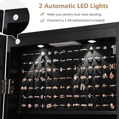 Moccha Wall Door Jewelry Armoire, Full Screen Jewelry Cabinet for Bedroom, Lockable Jewelry Cabinet, Jewelry Organizer Storage with 2 LED Lights and 2 Drawers, Black in Saudi Arabia